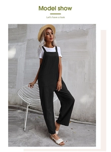Detail view of black linen overalls featuring wide straps and large front pockets
