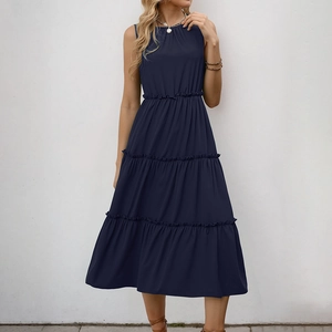 Vestito Midi a Strati Senza Maniche da Donna Elegante Vita Arricciata Tinta Unita Vacanze Estive Gonna a Trapezio Abito da Festa