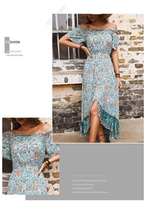 Detail view of floral off-shoulder dress with ruffle sleeves and button front design