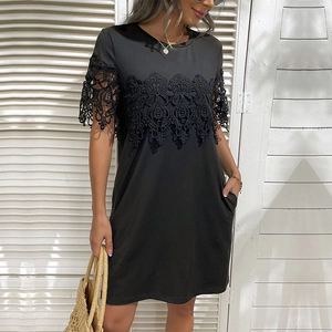 Women Casual Black T-Shirt Dress Lace Patchwork Short Sleeve Round Neck Loose Mini Dress With Pockets Summer Vacation Elegant