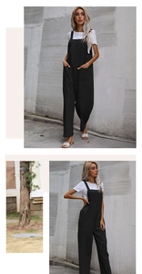 Close-up of black linen-texture jumpsuit featuring large side pockets and wide straps
