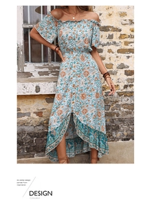 Detail of high-low bohemian floral dress with off-shoulder ruffles and decorative buttons