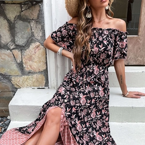 Floral off-shoulder long-sleeved midi dress with high slit and button details in black