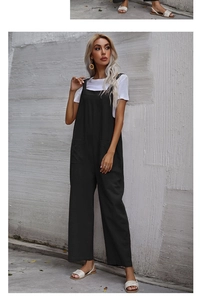 Detail view of black wide-leg jumpsuit with large pockets and natural cotton linen texture