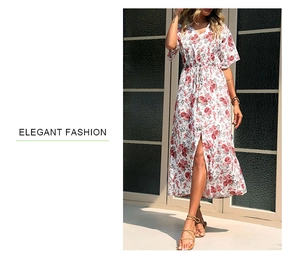 Detail of floral V-neck midi dress with button-down front and side split design