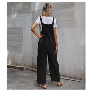 Detail view showing back design and button strap of black wide-leg overall jumpsuit