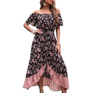 Floral off-shoulder midi dress with ruffled sleeves and asymmetric high-low hemline