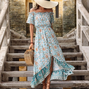 Women Bohemian Off-Shoulder Floral Maxi Dress Summer Ruffle High-Low Irregular Hem Beach Vacation Long Viscose Dress