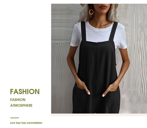 Detail of black cotton linen jumpsuit with front pocket and loose casual fit