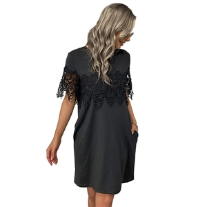 Women's loose black short sleeve t-shirt dress with elegant lace patchwork details