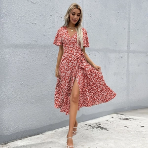 Robe Midi Portefeuille Décontractée à Fleurs pour Femmes Col en V Avec Manches Volantes Fente Haute Style Français Vacances Été