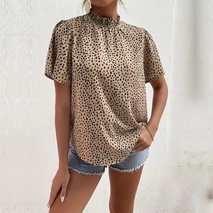 Chic leopard print short sleeve blouse with ruffled high neck and lantern sleeves