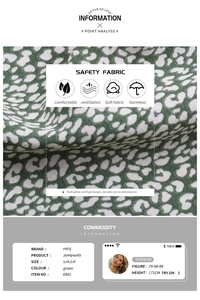 Detail showing soft green leopard print fabric texture and sizing chart for jumpsuits
