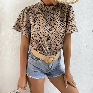 Chic leopard print short sleeve blouse with ruffle stand collar and lightweight fabric