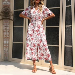 Women V Neck Floral Rose Print Maxi Dress Short Butterfly Sleeve Drawstring High Waist Split A Line Summer Vacation Boho Party Dress