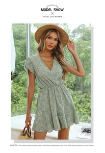 Close-up of green floral V-neck romper with puff sleeves and lightweight chiffon fabric