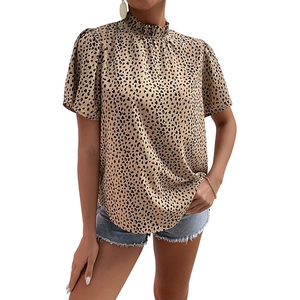 Women's leopard print blouse with mock neck ruffle and puff sleeves for summer fashion