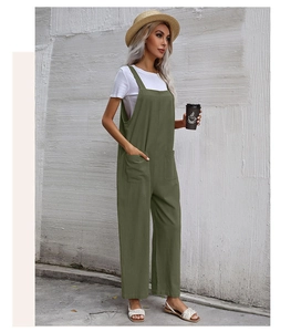 Detail of army green cotton linen jumpsuit featuring large utility pockets and wide legs