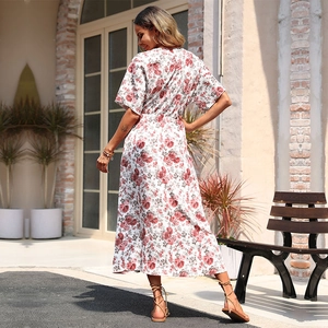 Summer casual high waist floral maxi dress with short sleeves and rose print design