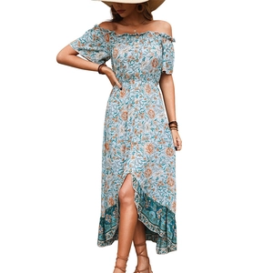 Floral off-shoulder dress with wood buttons and high-low ruffle hem in light blue
