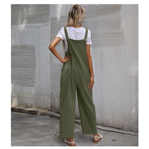 Detail view of olive green wide-leg jumpsuit with open back and classic suspender hooks