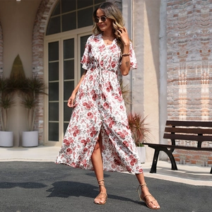 Floral V-neck summer dress with front buttons, waist drawstring and side slit detail