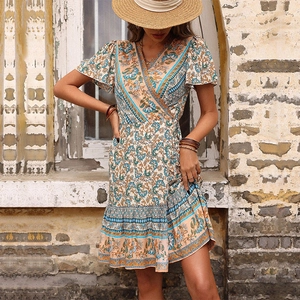 Women's Bohemian V Neck Wrap Mini Dress Vintage Ethnic Paisley Floral Print Short Sleeve Ruffle Viscose Summer Vacation Dress