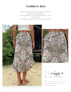 Detail of bohemian paisley print wrap skirt with ruffled hem for summer beach vacation