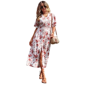 Summer V-neck floral print dress with front split and high waist for casual vacation