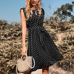 Women Polka Dot Pleated Sleeveless Dress Polyester Round Neck Hollow Out Tie Waist Ruffle Hem Midi Elegant Vacation Dress