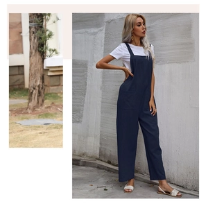 Detail of navy blue wide-leg overalls in textured linen fabric with side pockets