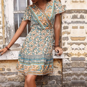 Bohemian V-neck wrap dress with floral paisley print and ruffled short sleeves for summer