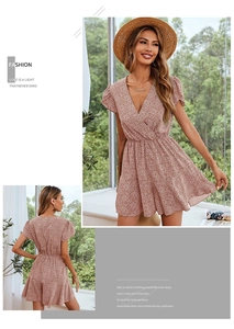 Detail showing the red-brown floral V-neck wrap dress and back design in a stylish collage