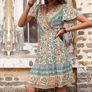 Bohemian V-neck printed dress with ruffled short sleeves and wrap tie waist for summer