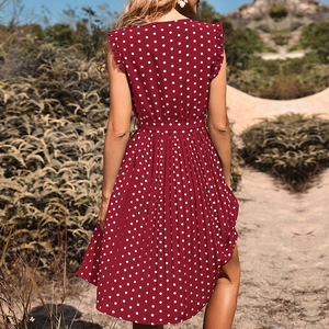 Summer sleeveless burgundy polka dot pleated dress with ruffle sleeves and waist tie