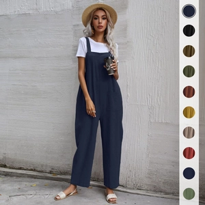 Women Casual Sleeveless Cami Jumpsuit Wide Leg Overalls With Pockets Vintage High Waist Loose Long Romper For Summer Daily