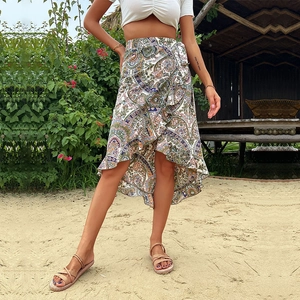 Bohemian paisley print wrap skirt with high-low ruffle hem for summer beach vacation