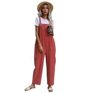 Women's casual brick red sleeveless linen overalls with front pockets and wide leg fit