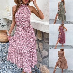 Robe Midi Été Boho Florale Halter Femmes Sans Manches À Volants Ligne A Plage Soleil Avec Ceinture Polyester Fête Vacances