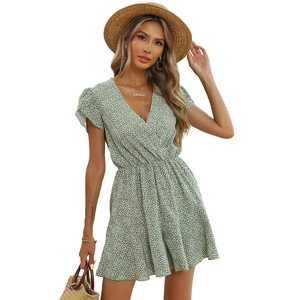 Women's summer floral V-neck wide leg jumpsuit in green and white with elastic waist