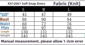 Tabla de tallas para vestido de punto con botones a presión y medidas detalladas de S a L
