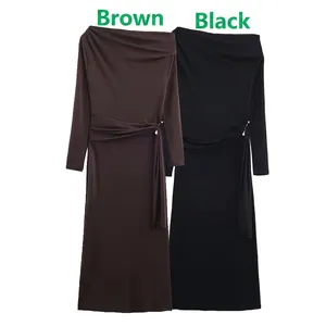 Vestido Maxi Elegante para Mujer Asimétrico con Hombros Descubiertos Manga Larga Fruncido de Punto Suave Color Sólido con Perla Artificial