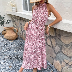 Summer sleeveless halter floral maxi dress in white with pink floral print and waist belt