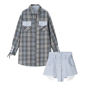 Chemise À Carreaux À Manches Longues Et Short Taille Haute Pour Femmes Polyester Poignet À Nouer Double Poche Décontracté