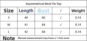 Size chart for asymmetric halter top including length and bust measurements for S to L