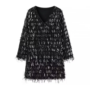 Women's V-Neck Sequin Tassel Long Sleeve Dress Elegant High Waist Black Mini Party Evening Dress For Banquet Lady