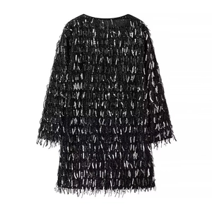 Chic women's mini dress with black and silver fringe sequins, long sleeves, round neck