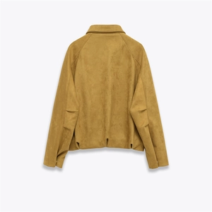 Back view of a slim-fit mustard yellow faux suede bomber jacket with turn-down collar