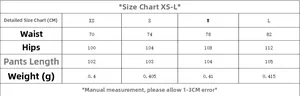 Größentabelle für Damenhosen von XS bis L mit Angaben zu Taille, Hüfte und Beinlänge