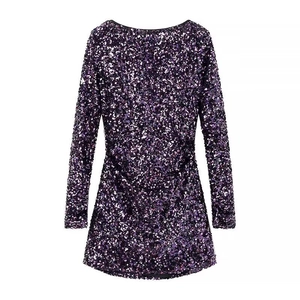 Robe Mini à Paillettes Manches Longues Col Rond Violet Foncé Moulante Fête Élégante Scintillante Soirée Femmes